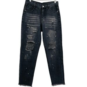 Fashion Jeans Women's Distressed Splatter Raw Hem Black Jeans Size M‎ (29x29)